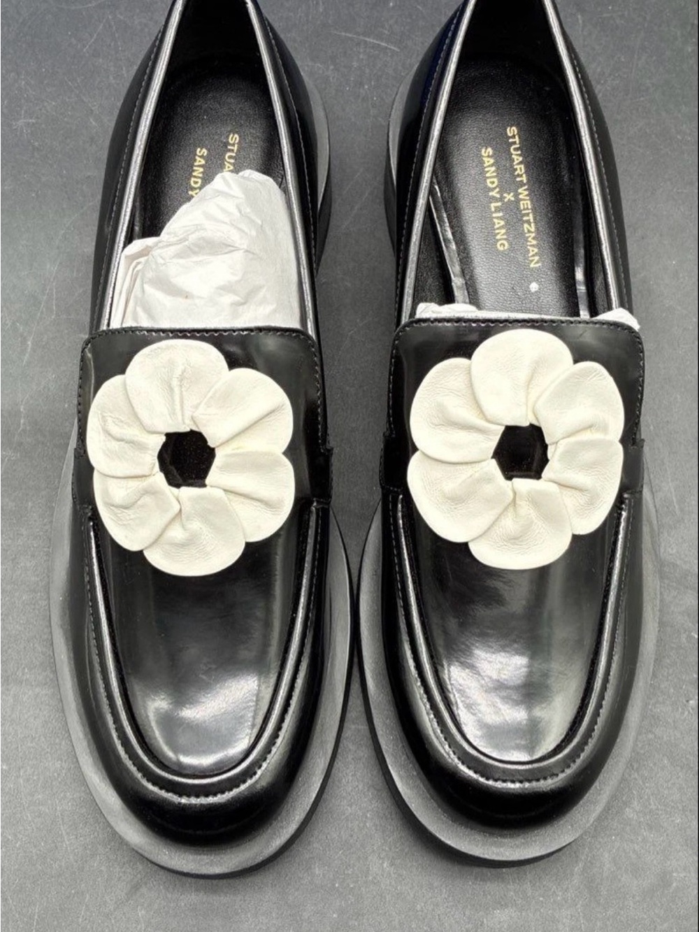 Stuart Weitzman Black Leather Loafers with White Flower Appliqué